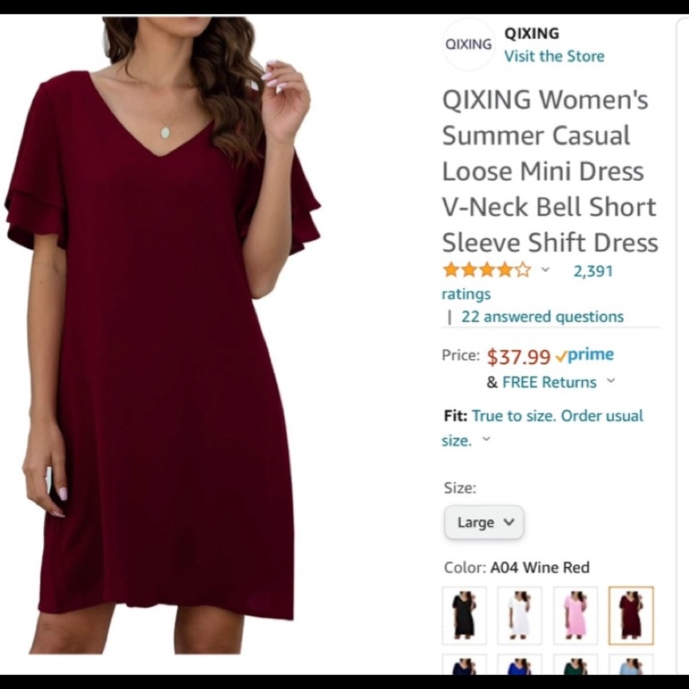 Womens Qixing Wine Red dress, nwt, size Large, v-neck, flutter sleeves